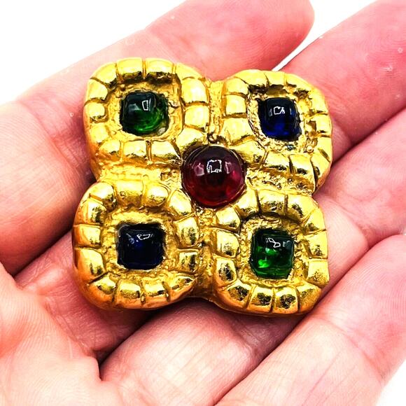 Unbranded Jewelry - Vintage Gold Tone Statement Brooch Jewel Tones Green Blue Red Made in Italy